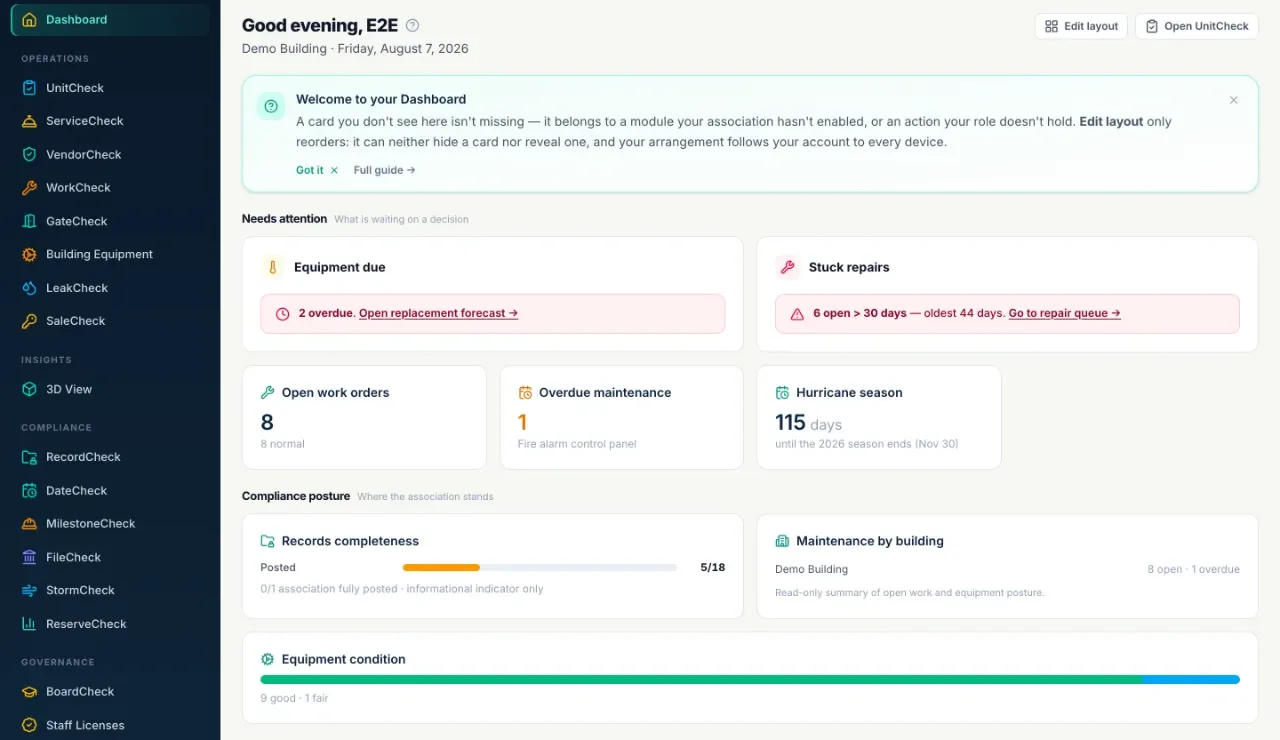 The HelmHOA admin dashboard: needs-attention queue, open work orders, equipment condition, and compliance posture for a demo building