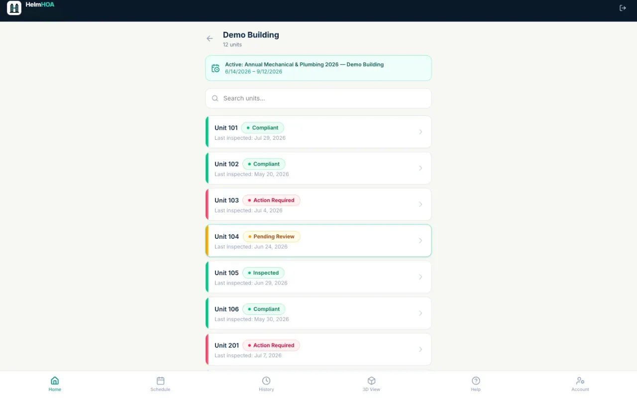 The inspector app's building unit list: per-unit status chips, last-inspected dates, and the active inspection cycle for a demo building