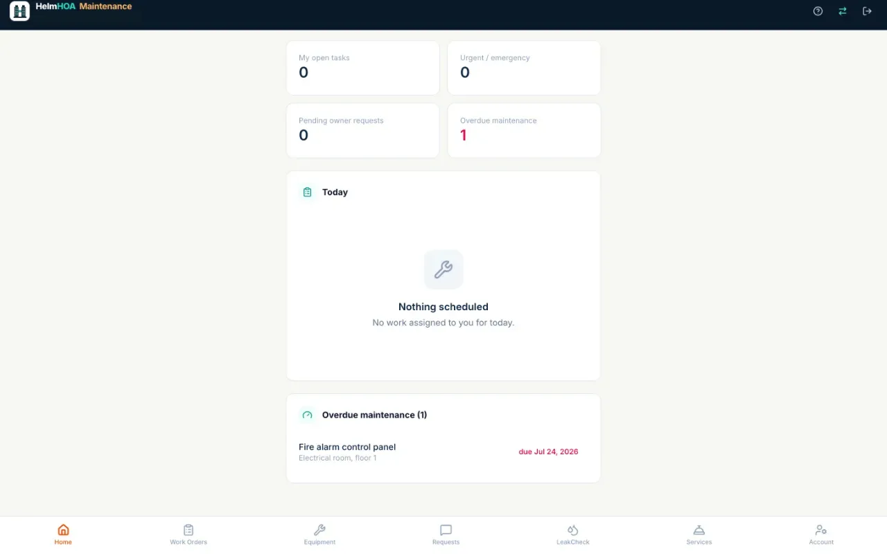 The MaintenanceApp home tab: open tasks, urgent work, pending owner requests, today's schedule, and overdue maintenance for a demo building
