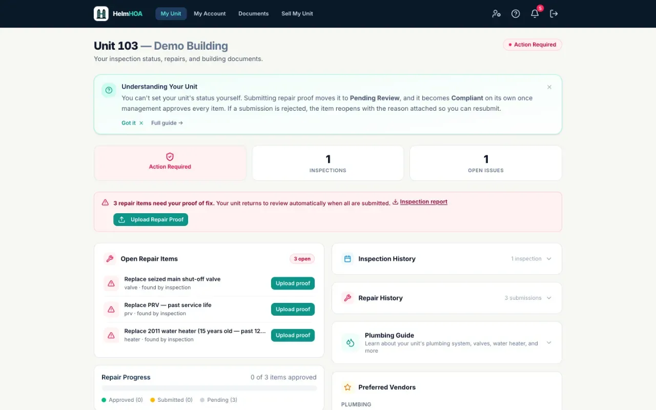 The owner portal for a demo unit: open repair items with Upload proof buttons, inspection history, repair progress, and the plumbing guide